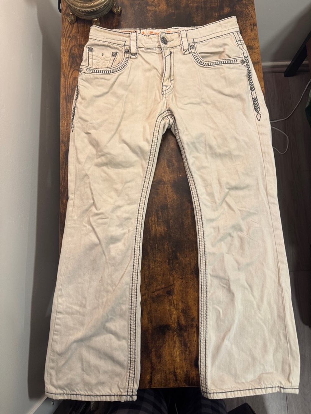Rock Revival Men's White Bootcut Jeans with Dark Contrast Stitching